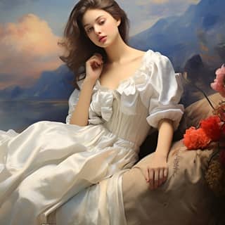 woman with a very good body and delicate face is sitting on a soft bed there is a huge landscape painting on the wall the