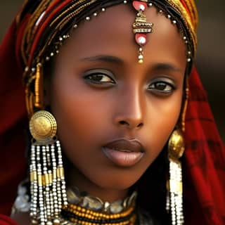 a women beautiful oromo Ethiopian women gold black red white beads on her forehead in gold black red white beads on her