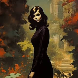 young brunette woman in autumn garden by Frank Frazetta Robert McGinnis Karel Thole Brassai