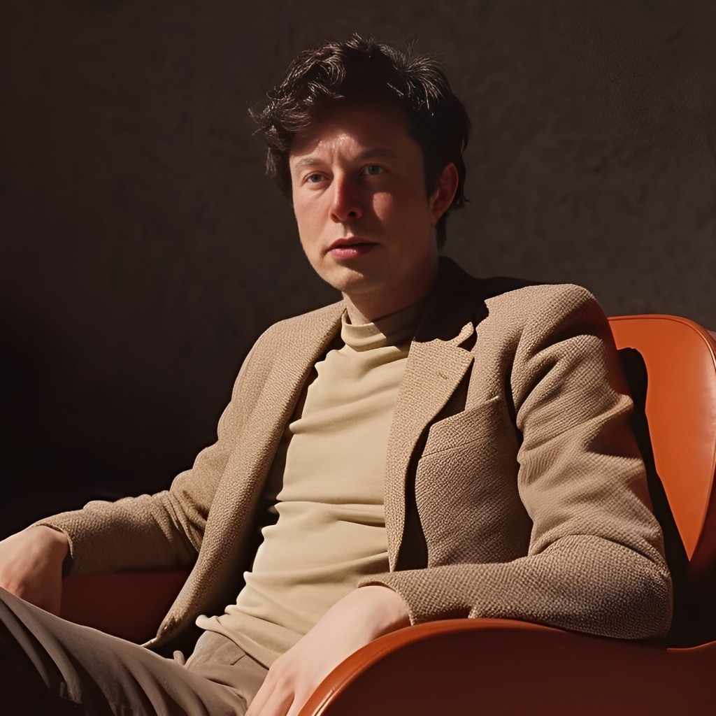 Sam Altman sitzt in einem antiken orangefarbenen Stuhl in einem Retro-Zimmer aus den 1970er Jahren.