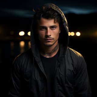 28 year old male with wavy dark hair wears a zippered grey hoodie tattoos stands on the beach at night time stern expression