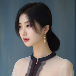 Gadis Asia dalam gaun putih dan anting-anting, gambaran dekat yang terperinci 3/4 profil.