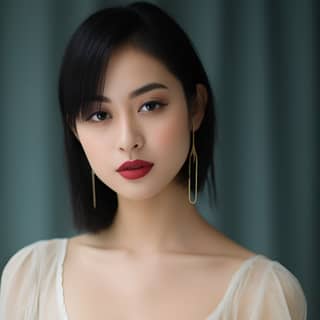 Seorang gadis Asia dengan rambut hitam sebahu dan bulu mata panjang memakai baju renyah dan anting-anting, berpose untuk difoto.