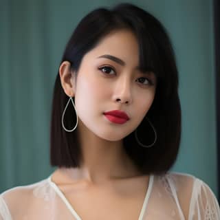 Gadis Asia dengan rambut hitam pendek, lipstik merah, dan anting-anting hoop mengenakan blus renda dan atasan transparan.