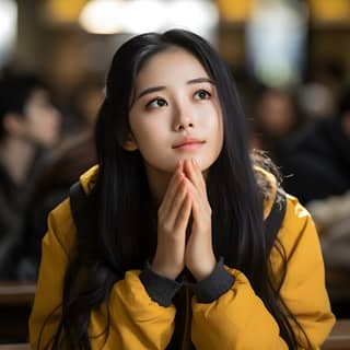 A Chinese female student with long black hair and a yellow sweater holding her cheeks in both hands and opening her eyes