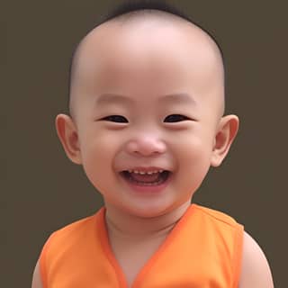 a baby boy smiling in orange pants and shirt in the style of qian xuan Bald magewave innocent