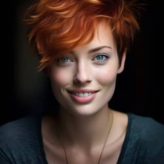 Uma mulher com cabelo vermelho e olhos azuis sorri para a câmera, com cabelo curto e um grande sorriso.