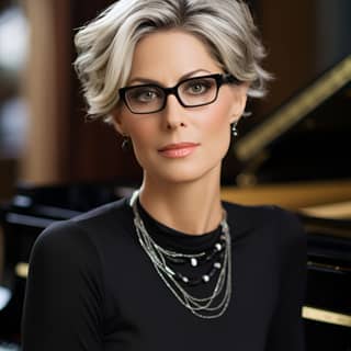 beautiful middle age lady wearing rectangle eye glasses no jewelry near grand piano in ultra modern music class