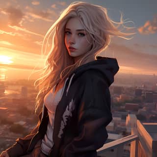 blonde girl is standing on top of a building and looking at the sunset the girl wears a cute hoodie long hair sunset mist