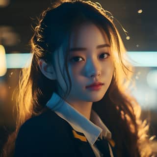 Un primer plano cinematográfico de una actriz coreana de kdrama en uniforme escolar sentada sola en un aula, contemplando y mirando fijamente el cielo nocturno.