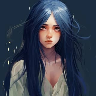 fantasy eerie illustration of a gender neutral elven kid very long blue navy hair luminous threads around the neck