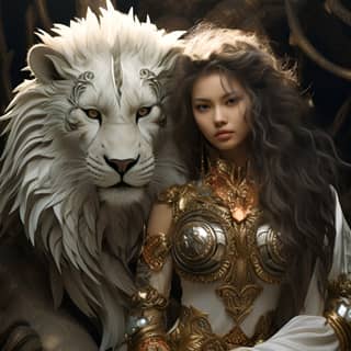 a fox-like mythical creature with nine tails white and fierce next to female warrior dressed in silver and gold hyper