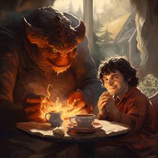 frodo and a balrog from lord of the rings drinking a tea together on a sunny sunday afternoon