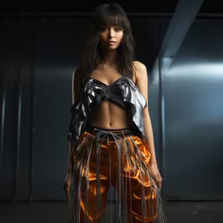 Una mujer con una camiseta naranja y pantalones plateados lleva una camiseta corta de tela reflectante y pantalones largos de pierna ancha.