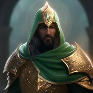 in green armor with a beard and a hood