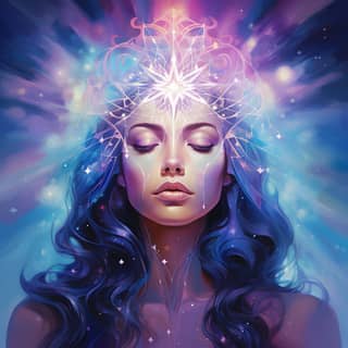 half body light from the cosmos stars light pouring down into her third eye blue purple soft colours calming mystical