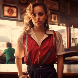 is a waitress at this pizza parlor, in a red shirt and suspenders standing in front of a bar