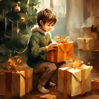 little boy unpacking gifts Christmas tree living room christmas decorations in the style of large canvas format green and