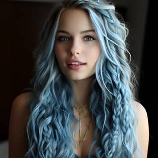 Seorang gadis Perancis cantik berusia 21 tahun dengan kepang biru panjang dan pakaian renda hitam berpose dengan rambut biru. Warna rambut biru sangat popular di kalangan wanita.