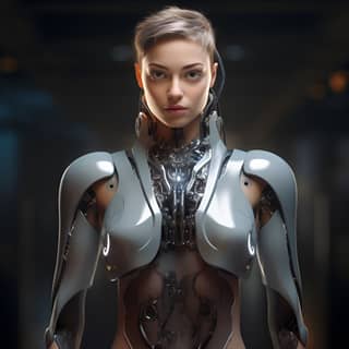 a twenty-three year old caucasian female as cyborg She has short hair