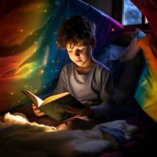 una fotografía de un niño leyendo un libro brillante en la cama de su cuarto se abre un portal a un camino en el bosque y un