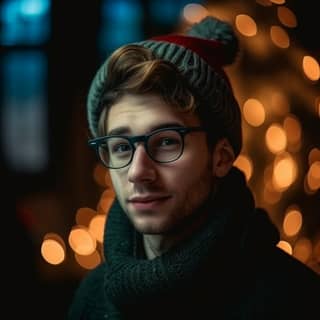 wearing glasses and a hat in front of a christmas tree