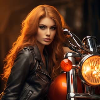 Amazing beautifull girl red head riding cruiser motorcycle ultra detailed cruiser motorcycle amazing