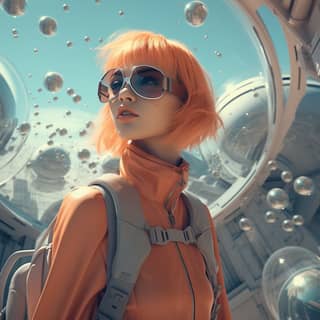 High-quality clothing, with orange hair and sunglasses in a futuristic setting