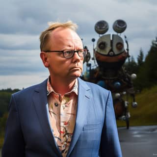 hombre vestido con un traje azul y gafas parado frente a una gran escultura de metal.