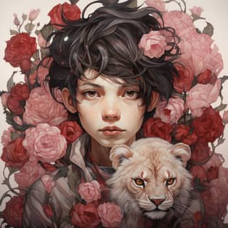 Une illustration de style anime d'un garçon avec un lion et des fleurs, ainsi qu'un chat et des roses.