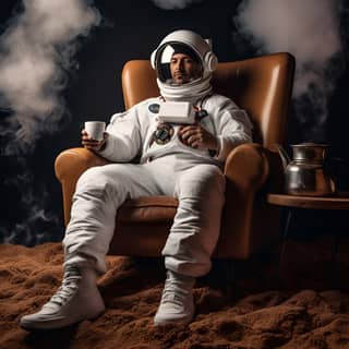 astronaut on the Moon doing coffee V60 sitting on rug Astronaut white suit 50mm Hasselblad X1D