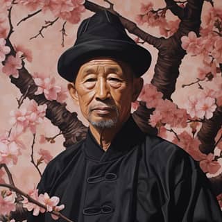 Seorang lelaki Cina tua memakai topi hitam sambil memegang cabang bunga sakura.