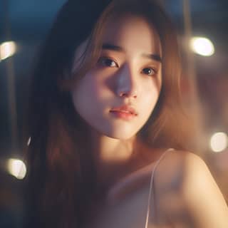 a cinematic close up of kpopidol in her slip dress sitting alone in a class room contemplate gaze night time sky Nikon Z6