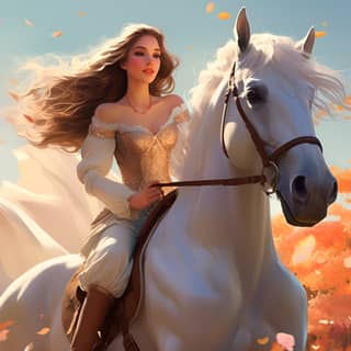 disney style princess full inage riding the horse in the filds