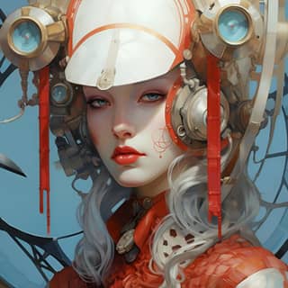 fantasy art in the style of 1900–1917 light blue and red detailed facial features neo-pop iconography mechanical designs