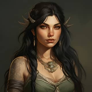 female elf girl with long black hair and piercings and tattoos orthographic