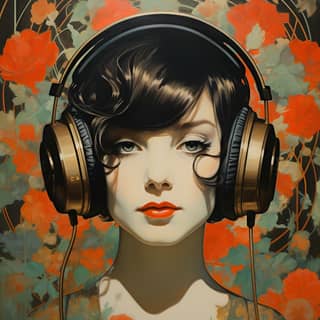 with headphones in the style of mythic-art nouveau floralpunk abrasive authenticity beautiful mechanical designs close up