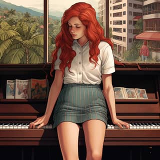 a highly detailed dotted illustration of Laila redhead girl in Caracas she's playing the piano at her home in Prados del