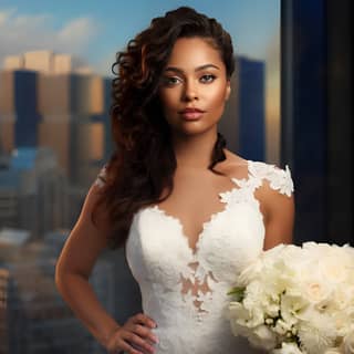 long dark brown curly hair, woman in a wedding dress holding a bouquet