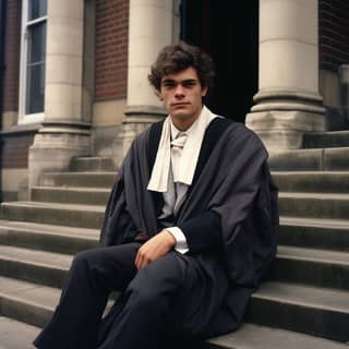 Seorang peguam lelaki berumur 28-30 tahun di Britain pada tahun 1980-an memakai jubah, duduk di tangga mahkamah, merokok rokok.