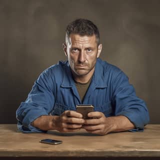 mechanic man with dirty blue cloths sitting behind a empty desk holding a phone
