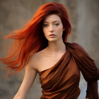 with striking red hair blowing in the wind She stands with confidence her pose reflecting poise and grace She wears an
