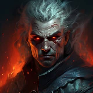 Portrait réaliste du guerrier de Witchwood en argent sombre et rouge avec une forte expression faciale, des cheveux blancs et des yejsons rouges.