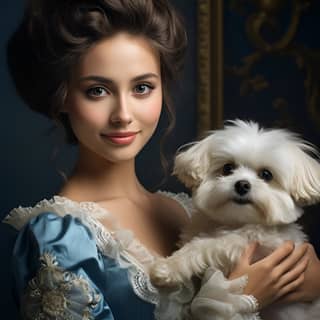 a wonderful woman in a blue costume holding a white dog in the style of rodenstock imagon 300mm f/5 8 portraiture with