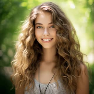 19 year-old girl with thick and shiny slightly wavy brown hair with a few highlights in it green eyes smiling outdoors v 5 2