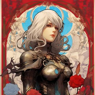 Colorful Commercial poster of 2B Nier Automata in the style of Alphonse Mucha