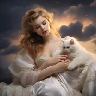 Ethereal 20-year-old European beauty golden hair white gown – angelic grace innocence radiant allure sitting on a cloud with