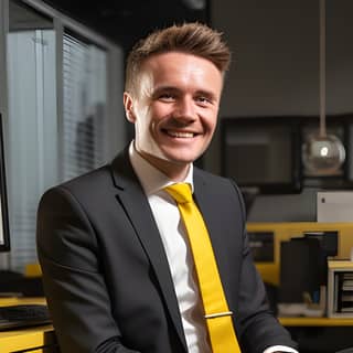 Paul Martin in a white and yellow modern office see from the front a smiling young commercial man look at his computer he