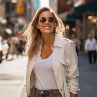 Picture of A 25 year old woman model standing on a street wearing a cotton white cassual t-shirt with a dark blue blazer