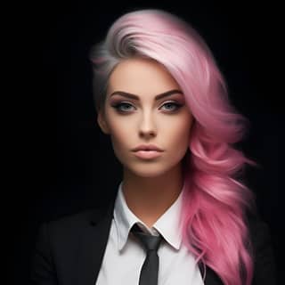 Realistic with pale blue eyes smoky eyes makeup smooth hair with pink strends Black strends and White strends smiling